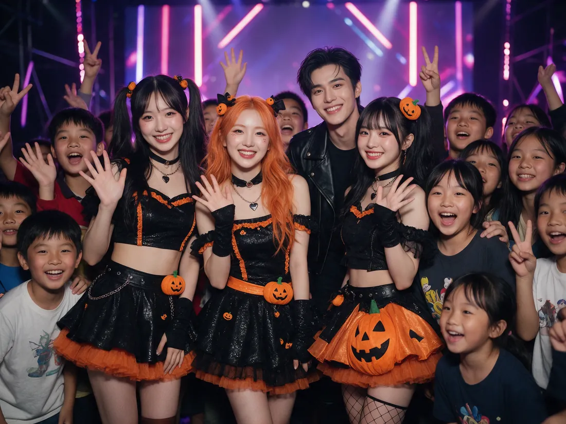 Cosplayer in costumi K-pop arancio e nero salutano bambini e ragazzi sotto le luci del palco