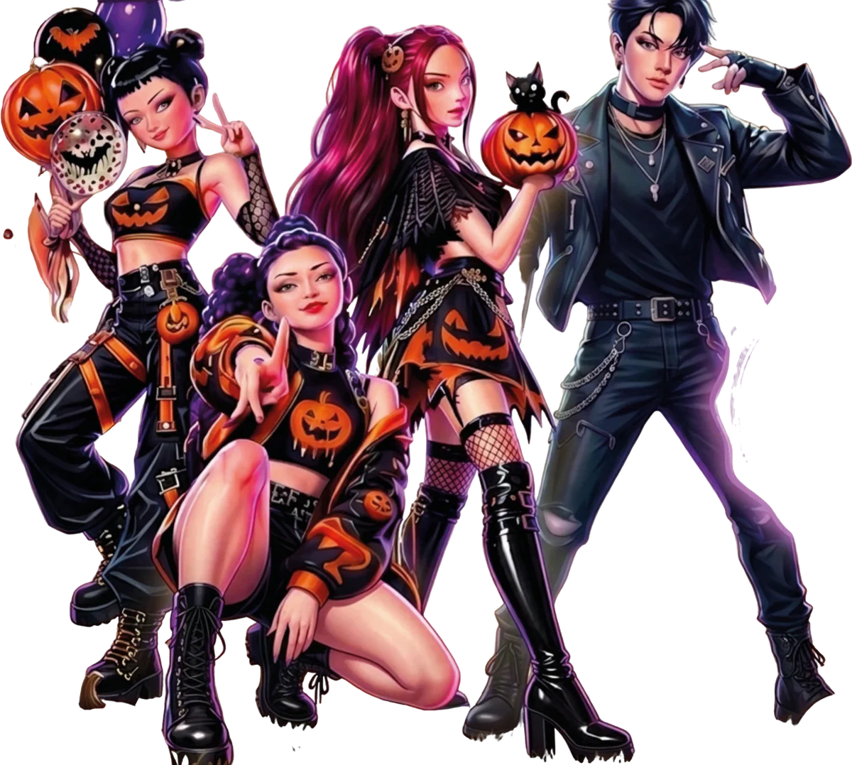 Le HUNTRIX e JINU dei Saja Boys in versione Halloween, dal volantino ufficiale